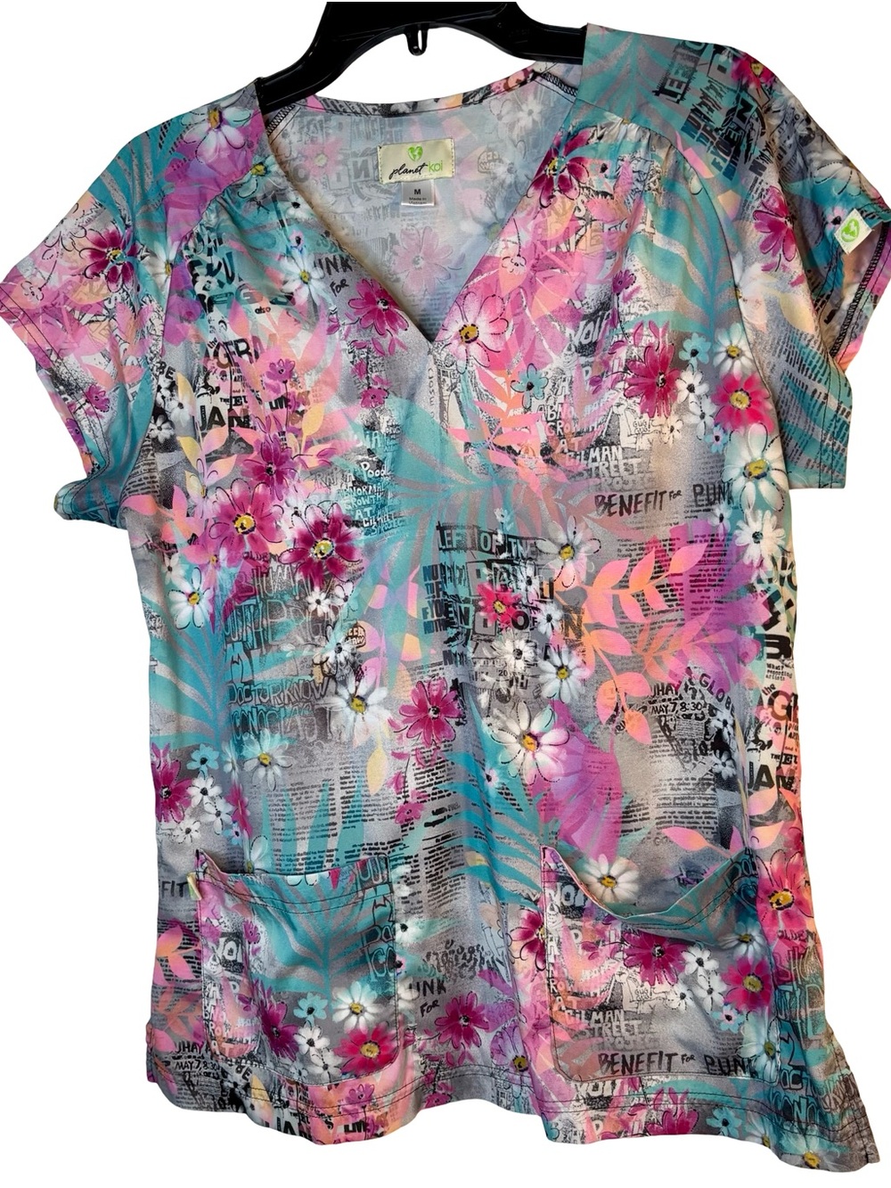 Koi Planet Floral V-Neck Tunic in Teal, Pink and Gray floral